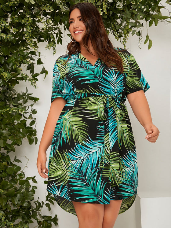 Plus Tropical Print Curved Hem Belted Dress