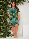 Plus Tropical Print Curved Hem Belted Dress