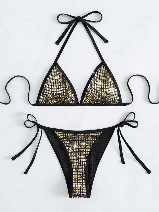 Rhinestone Studded Halter Triangle Bikini Swimsuit