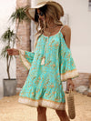 Floral Print Cold Shoulder Tassel Knot Front Ruffle Hem Dress