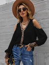 Leopard Print Cold Shoulder Shirred Frill Trim Cuff Blouse