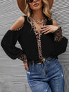Leopard Print Cold Shoulder Shirred Frill Trim Cuff Blouse