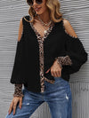 Leopard Print Cold Shoulder Shirred Frill Trim Cuff Blouse