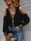 Leopard Print Cold Shoulder Shirred Frill Trim Cuff Blouse