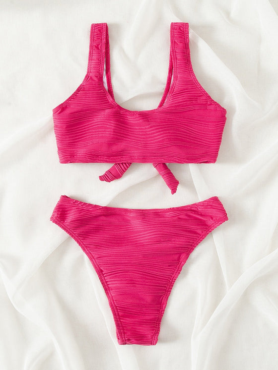 Textured Knot Front Bikini Swimsuit