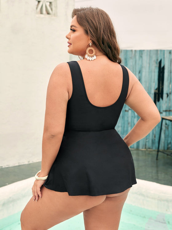 Plus Hollow out Trim Swim Dress With Bikini Bottom