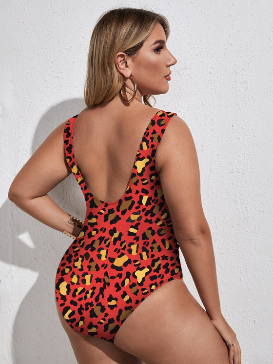 Plus Leopard Lace up One Piece Swimsuit