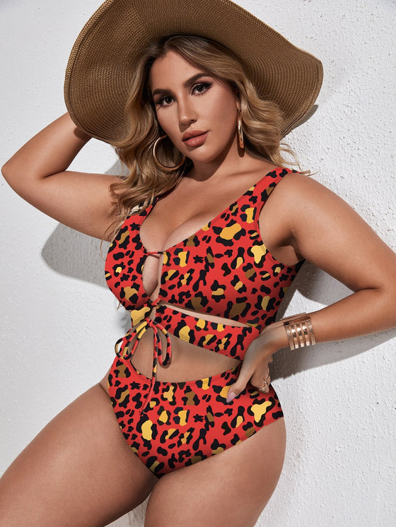 Plus Leopard Lace up One Piece Swimsuit