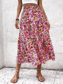  High Waist Floral Print Ruffle Hem Skirt