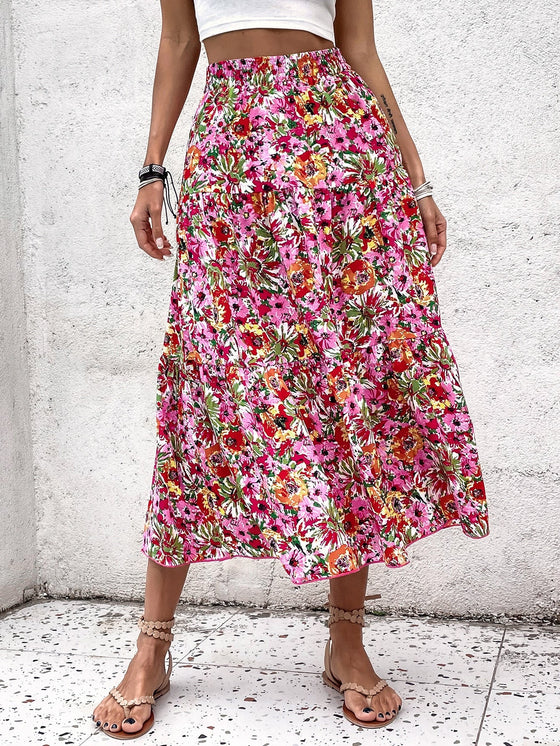 High Waist Floral Print Ruffle Hem Skirt