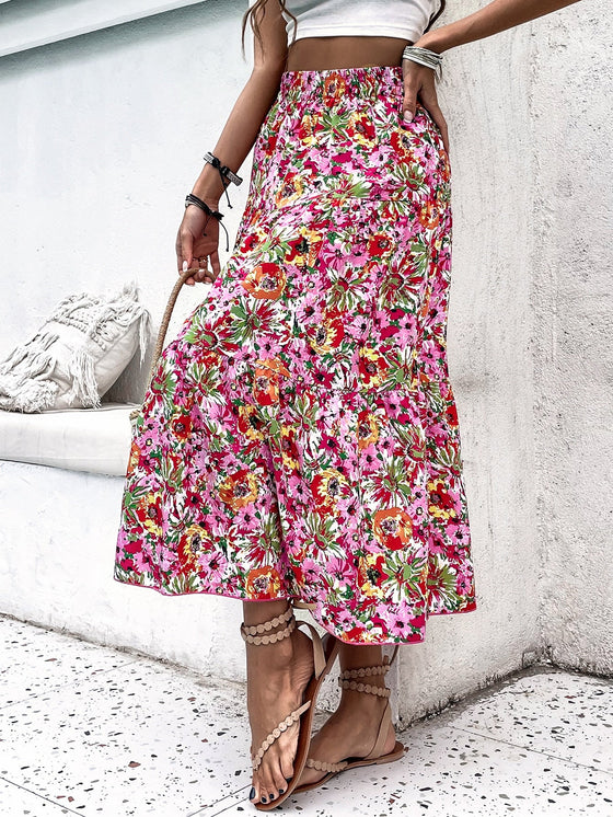 High Waist Floral Print Ruffle Hem Skirt