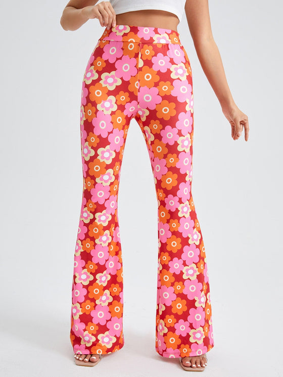 Allover Floral Print Flare Leg Pants