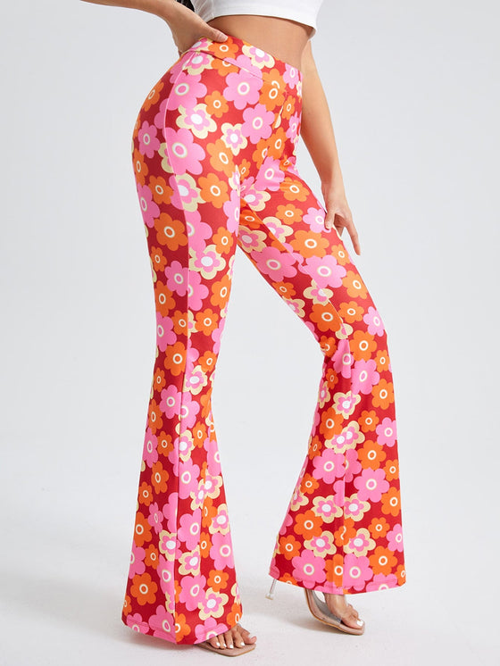 Allover Floral Print Flare Leg Pants