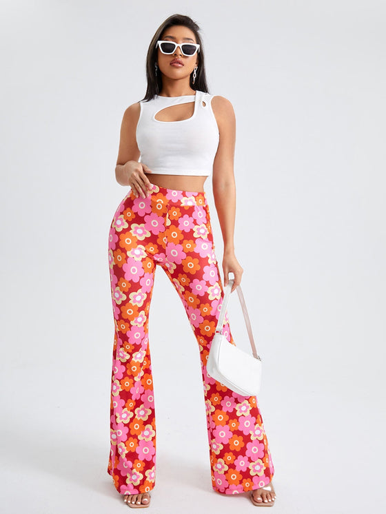 Allover Floral Print Flare Leg Pants