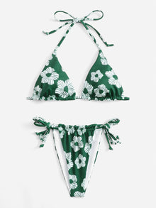  Flower Print Triangle Tie Side Bikini Swimsuit