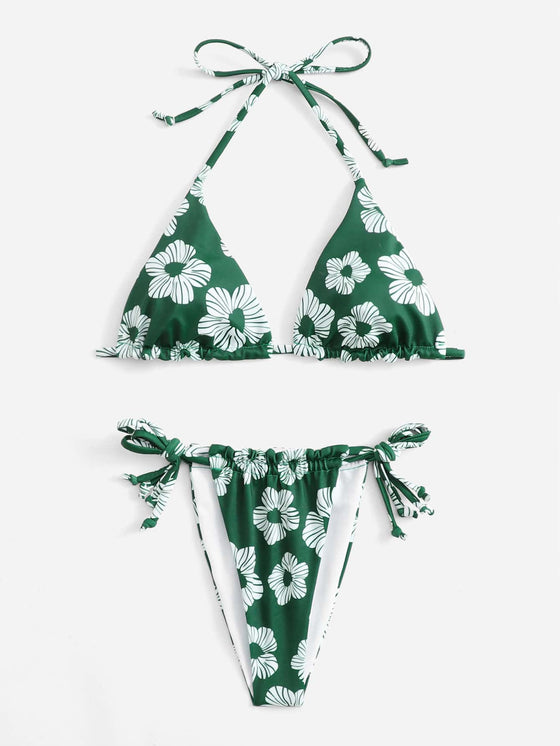 Flower Print Triangle Tie Side Bikini Swimsuit