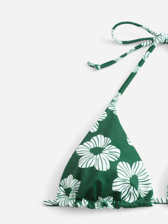 Flower Print Triangle Tie Side Bikini Swimsuit