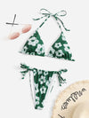 Flower Print Triangle Tie Side Bikini Swimsuit