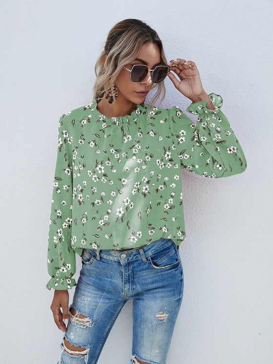 Flounce Sleeve Frill Neck Floral Print Blouse