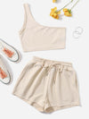 Solid One Shoulder Top Drawstring Shorts Set