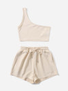 Solid One Shoulder Top Drawstring Shorts Set