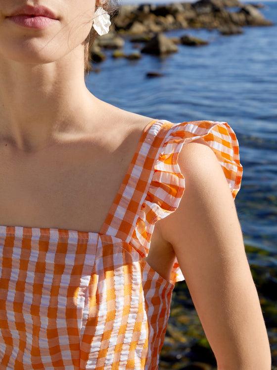 Frenchy Gingham Backless Knot Ruffle Sleeve Square Neck Dress