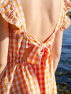 Frenchy Gingham Backless Knot Ruffle Sleeve Square Neck Dress