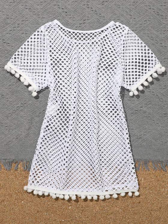 Girls Fishnet Pom pom Decor Cover Up