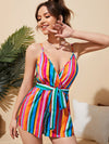 Block Striped Belted Cami Romper