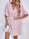 Allover Print Butterfly Sleeve Belted Dress