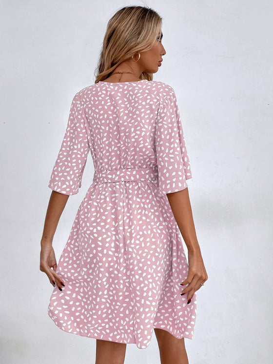 Allover Print Butterfly Sleeve Belted Dress