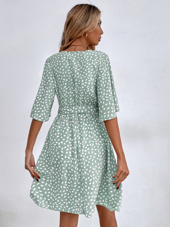 Allover Print Butterfly Sleeve Belted Dress