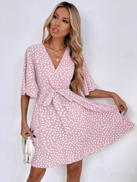 Allover Print Butterfly Sleeve Belted Dress