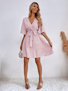  Allover Print Butterfly Sleeve Belted Dress