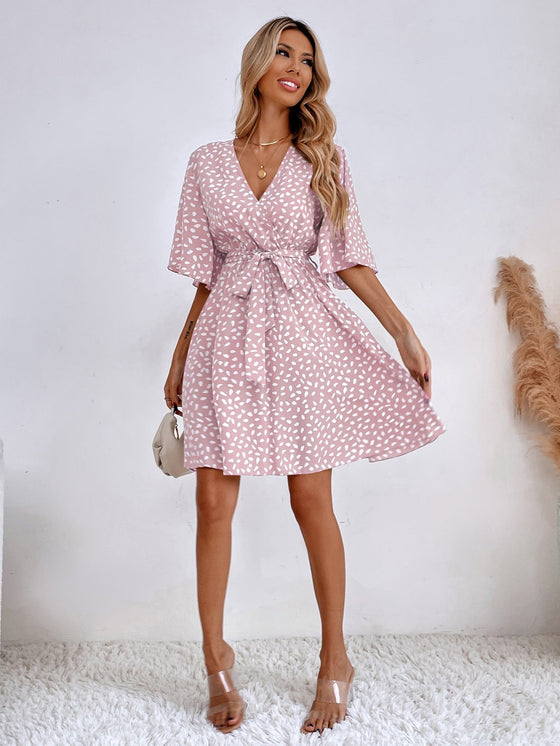 Allover Print Butterfly Sleeve Belted Dress