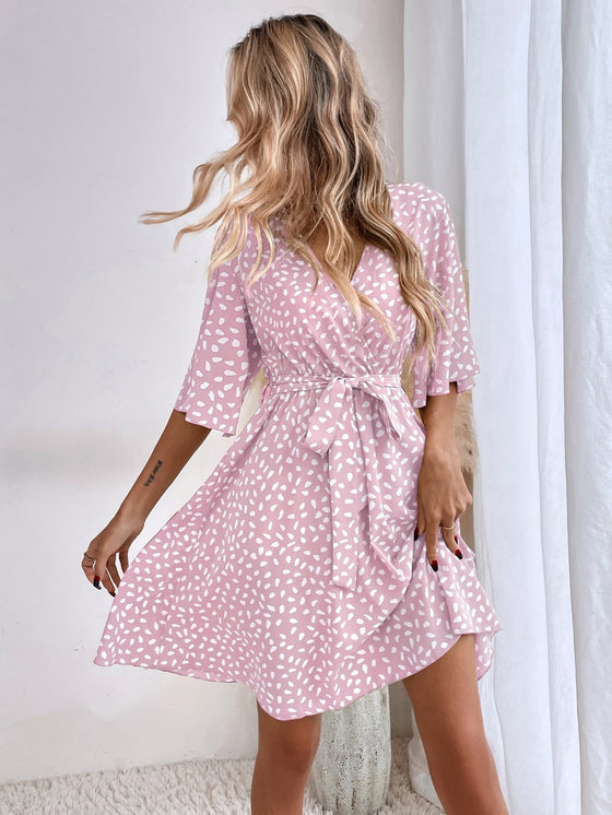 Allover Print Butterfly Sleeve Belted Dress