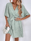 Allover Print Butterfly Sleeve Belted Dress