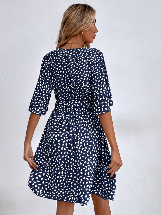 Allover Print Butterfly Sleeve Belted Dress