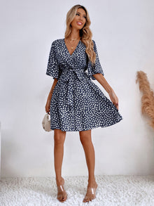  Allover Print Butterfly Sleeve Belted Dress