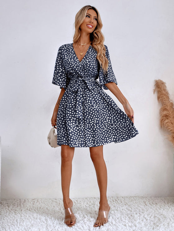 Allover Print Butterfly Sleeve Belted Dress