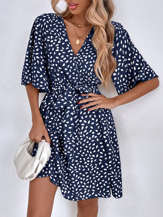 Allover Print Butterfly Sleeve Belted Dress