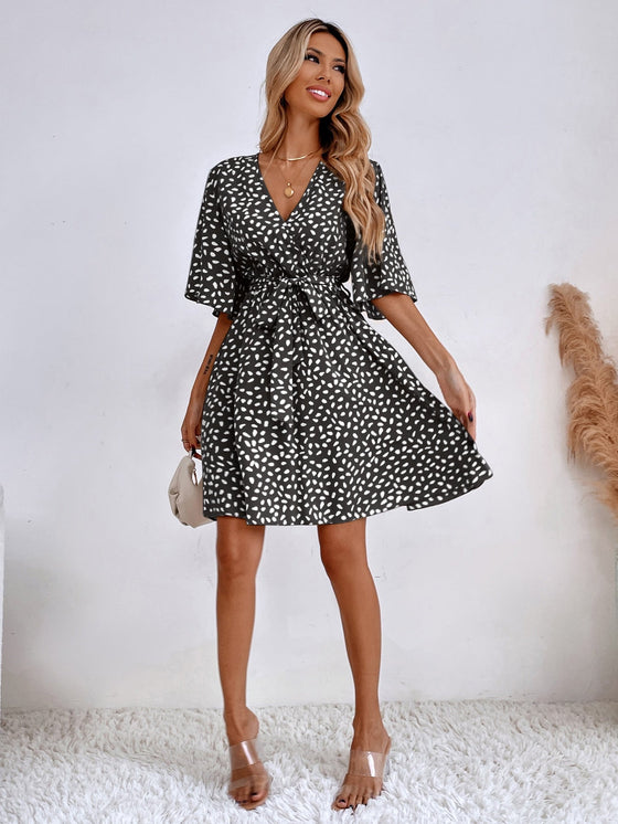 Allover Print Butterfly Sleeve Belted Dress