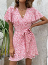 Allover Floral Print Butterfly Sleeve Wrap Hem Belted Dress