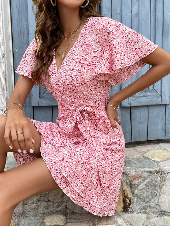 Allover Floral Print Butterfly Sleeve Wrap Hem Belted Dress