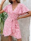 Allover Floral Print Butterfly Sleeve Wrap Hem Belted Dress