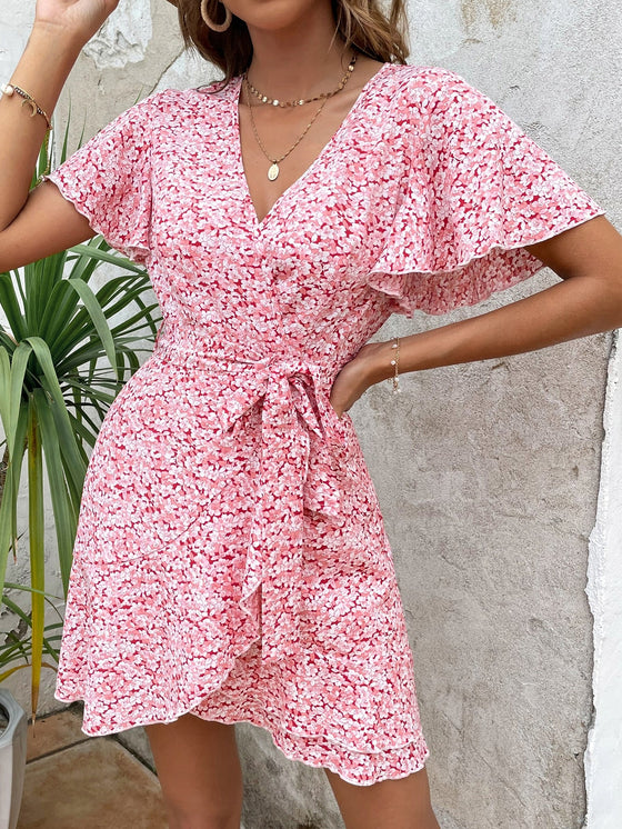 Allover Floral Print Butterfly Sleeve Wrap Hem Belted Dress