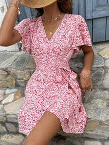  Allover Floral Print Butterfly Sleeve Wrap Hem Belted Dress