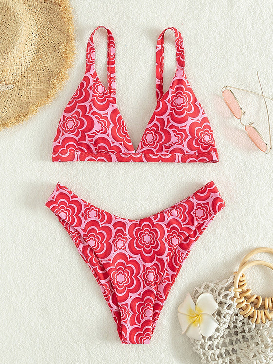 Allover Flower Print Bikini Swimsuit