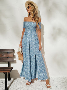  Ditsy Floral Off Shoulder Shirred Split Thigh Dress