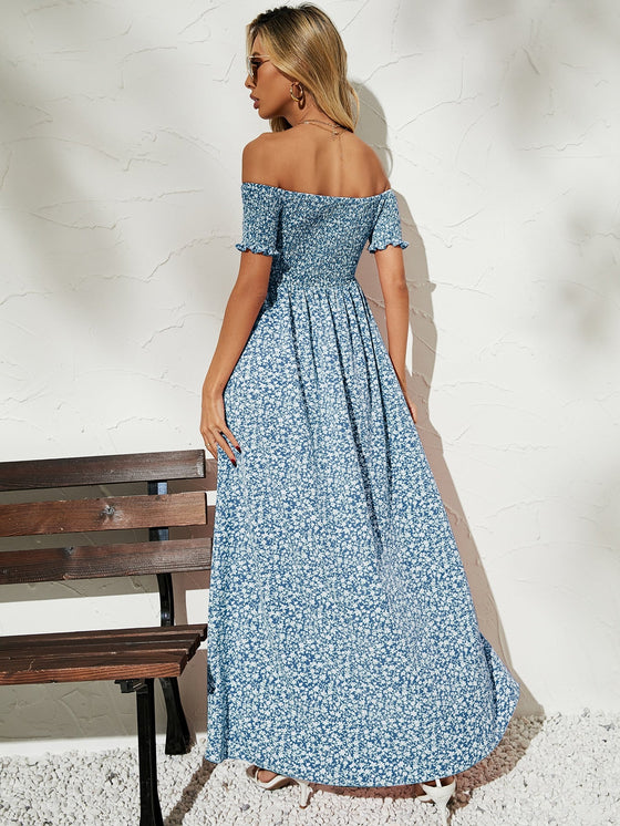 Ditsy Floral Off Shoulder Shirred Split Thigh Dress